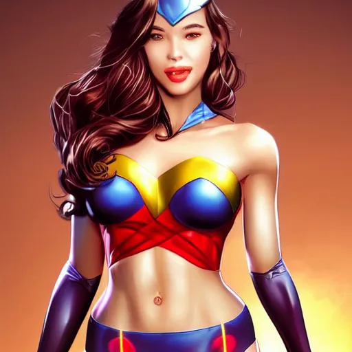 Prompt: very beautiful female superhero, smiling, flirty, eye contact, perfect face, perfect body, drawn by artgerm
