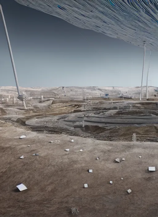 Image similar to bioremediation white hologram architecture, in the mining tailings of chuquicamata, epic, cinematic, hyperealistic, high detailed, corona render, hdr, ray tracing