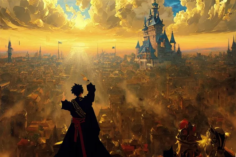 Prompt: baroque oil painting of anime key visual concept art of king addressing nation from balcony as artillery rains down from above, golden rays, fantasy european castle, trending on artstation, palette knife and brush strokes, oil on canvas, style of makoto shinkai greg rutkowski studio ghibli genshin impact