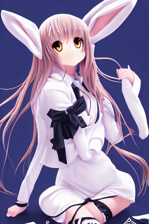 Image similar to full body anime portrait of a cute, bunny suit, playboy, shoes, lace, android girl round eyes long hair dressed in a school uniform inside the school cinematic stunning highly detailed 4 k anatomically correct