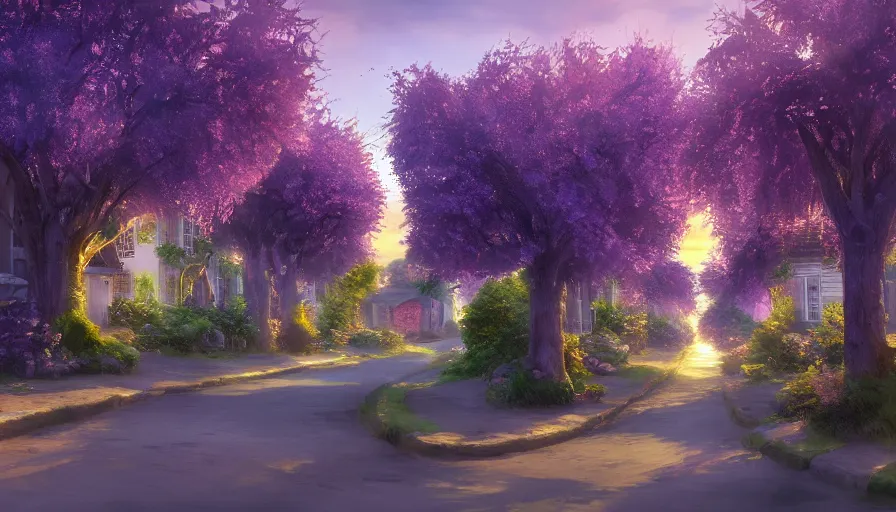 Image similar to landscape of a beautiful street full of wysteria flowers, purple lighting, sunset, dusk. old houses by the roads and fir trees. hyper detailed, artstation cgsociety, 8 k