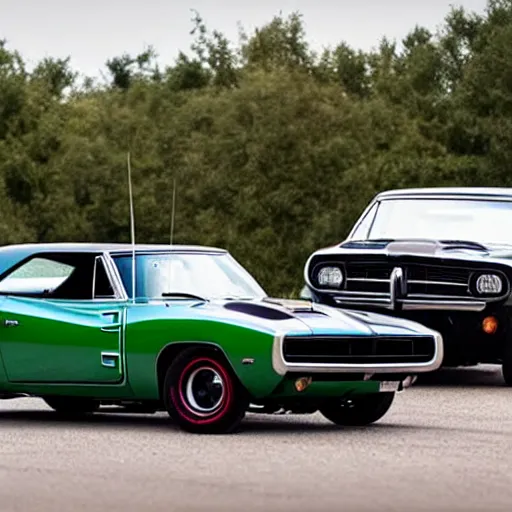 Prompt: hybrid car between 1 9 6 9 dodge charger and 1 9 6 9 camaro rs / ss and mini cooper