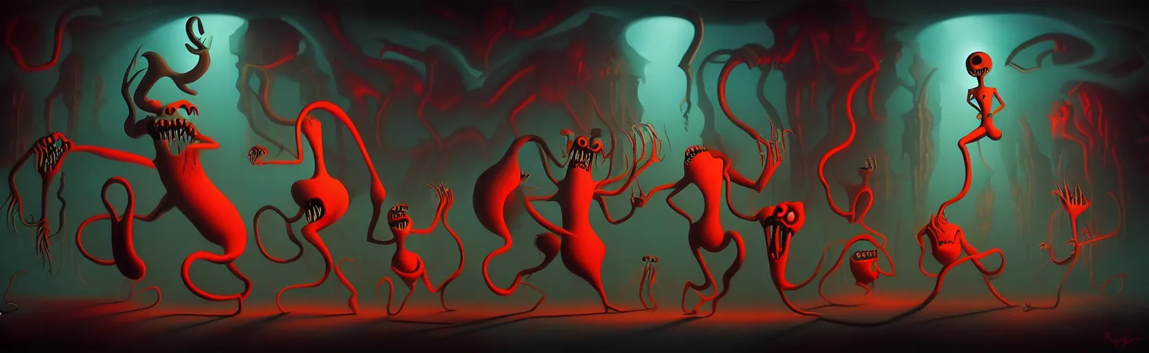 Image similar to uncanny monsters from the depths of the collective unconscious, dramatic lighting, surreal dark 1 9 3 0 s fleischer cartoon characters, surreal painting by ronny khalil