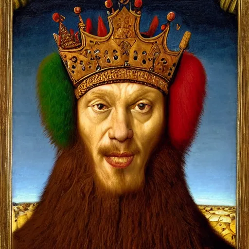 Image similar to portrait of a king with a lions head for a head, oil painting by jan van eyck, alex great, android jones, chris dyer, and aaron brooks, northern renaissance art, oil on canvas, wet - on - wet technique, realistic, expressive emotions, intricate textures, illusionistic detail