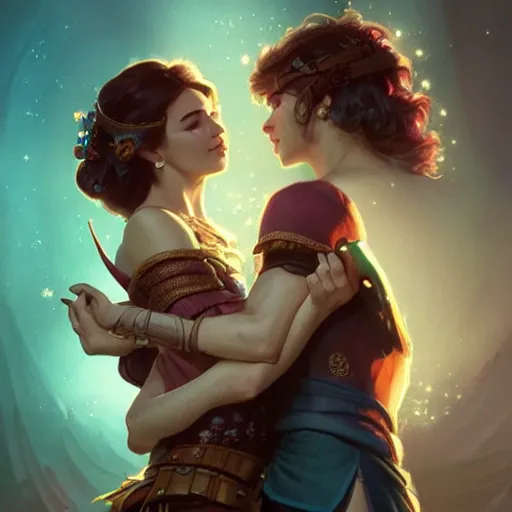 Image similar to a young couple hugging each other in a retrowave environment, D&D, fantasy, intricate, elegant, highly detailed, digital painting, artstation, concept art, matte, sharp focus, illustration, hearthstone, art by Artgerm and Greg Rutkowski and Alphonse Mucha