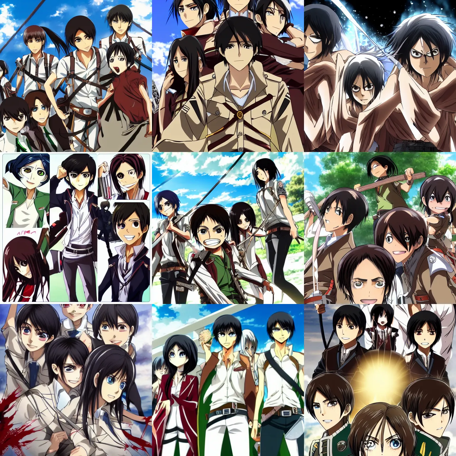 Prompt: anime group photo of eren yeager from attack on titan, albedo from genshin impact, tanjiro from demon slayer