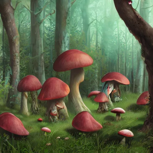 Image similar to forest witch gathering mushrooms, 2d, art direction, artstation, digital painting