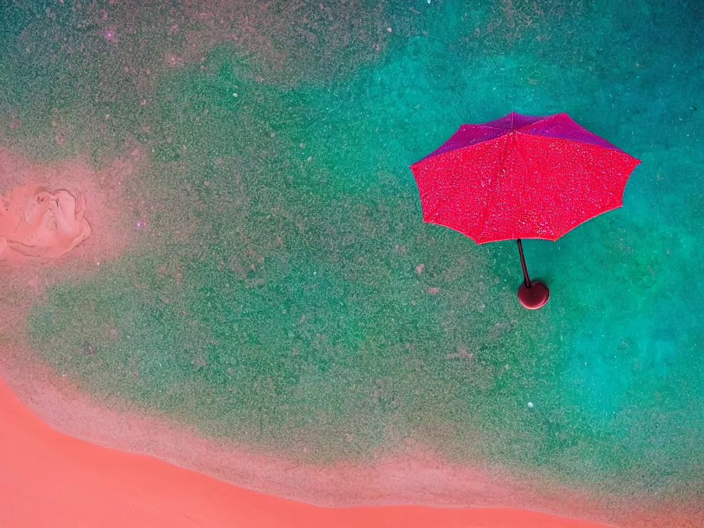 Prompt: purple umbrella, red sand beach, green ocean, nebula sunset