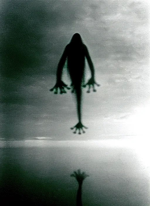 Image similar to “ghostlike frog amphibian vertically hovering over misty lake waters in jesus christ pose, low angle, long cinematic shot by Andrei Tarkovsky, paranormal, eerie, mystical”