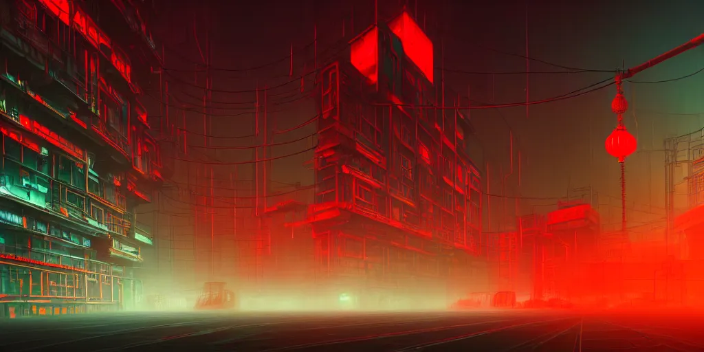 Image similar to a low angle photography of a big giant ominous industrial, futuristic cyberpunk factory at cloudy night with green and orange and red light and pipes and cables with a big chinese character neon sign + with fog + corporation + artstation photorealistic concept art