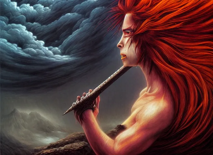 Image similar to realistic detailed image of a female Amazon warrior auburn hair blowing in an angry, stormy mountain top, anime art, anime, inspired by H.R. Giger and Zdzislaw Beksinski, gothic, rich deep colors. A masterpiece.