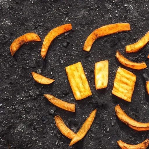 Image similar to photo of a family of fries making a campfire on the moon