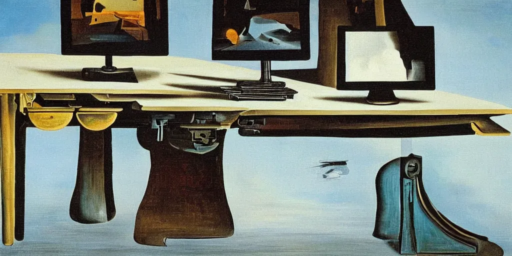 Prompt: A painting of a table with a computer on it, by Salvador Dalí