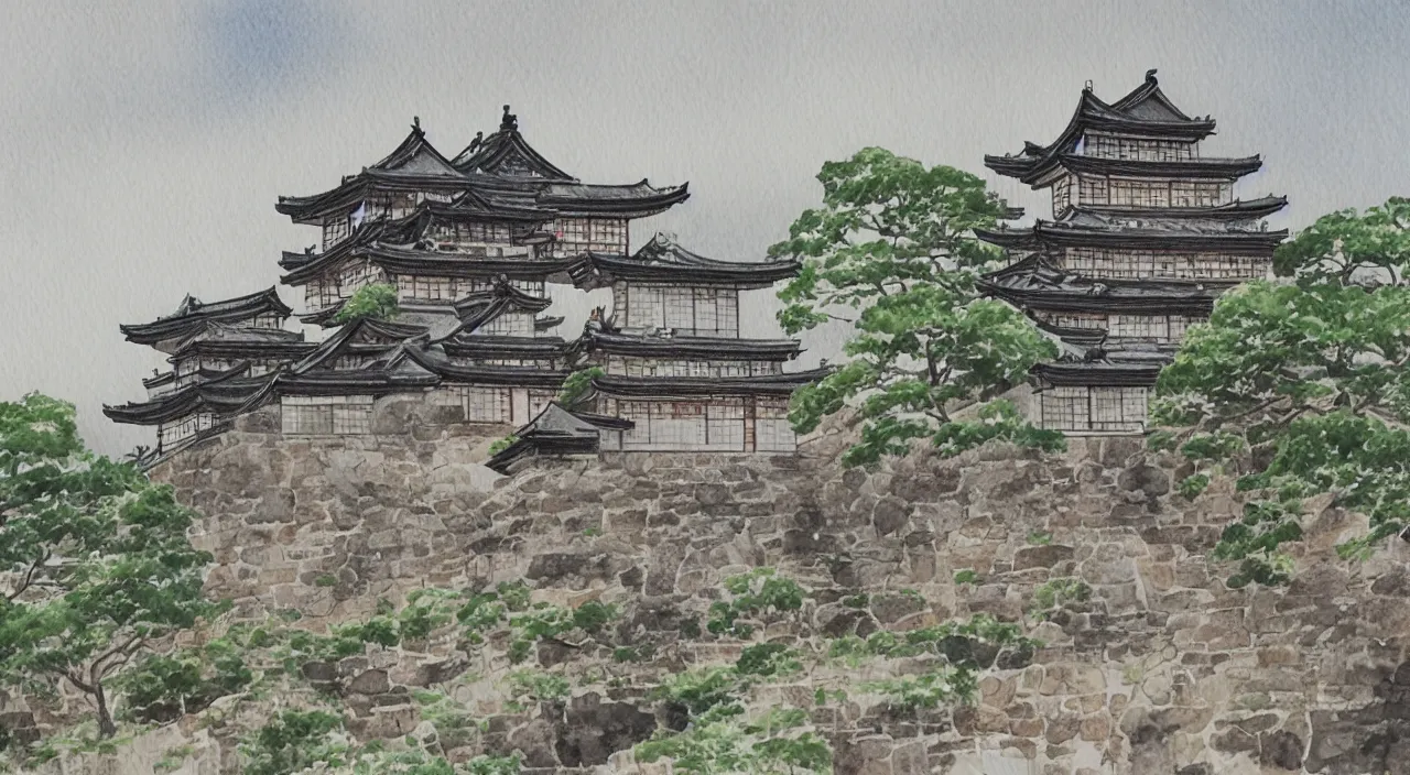 Image similar to a watercolour painting of a Japanese castle