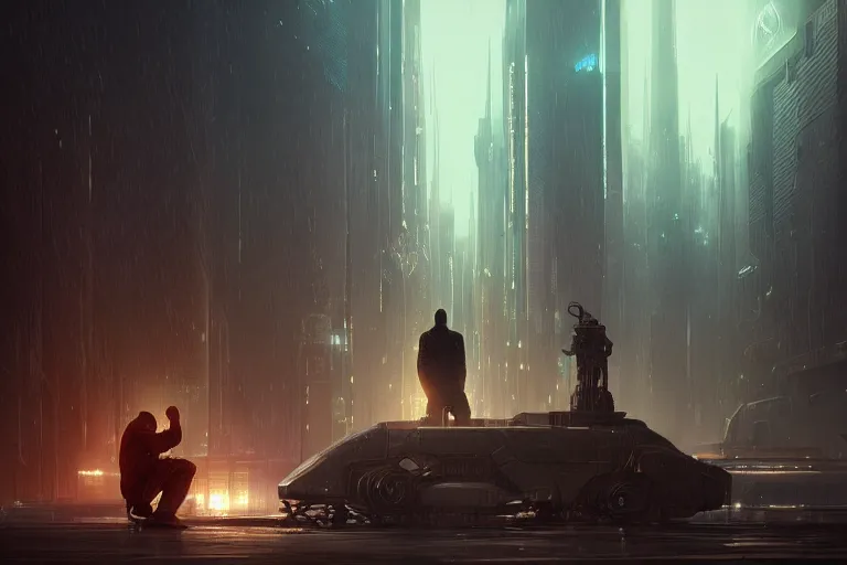 Prompt: sci fi cyberpunk fantasy art a man prays to the god of machines, by greg rutkowski ultrahd dark volumetric lighting hyper detailed unreal engine octane render