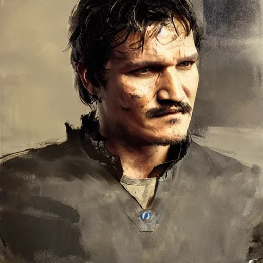 Prompt: portrait of an emotional pedro pascal as the mandalorian, by jeremy mann, anders zorn.