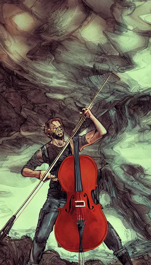 Image similar to a digital illustration of a cellist playing in an apocalyptic landscape, marvel comics, by Pascale Blanche