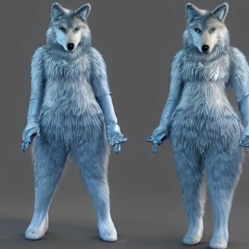 Image similar to 3 d render, well toned, large and tall, female, anthropomorphic wolf with a short snout, blue scales with white spots, no fur, icey blue dress, scales covering her chest.