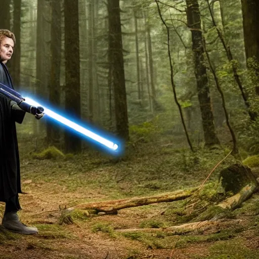 Prompt: Man wielding a light saber from Star Wars in real life in the forest, cutting down a tree using the light saber, 8k, cinematic, epic composition, award-winning