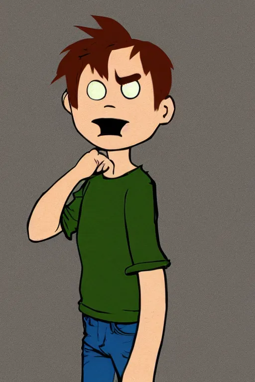 Prompt: Full body portrait of a short!, overweight!! teenage boy, medium length brown hair and fringe, eyes half closed, mouth open, not intelligent, standing in road, cartoon by Jamie Hewlett, cel shaded, gorillaz, Trending artstation, deviantart, digital art