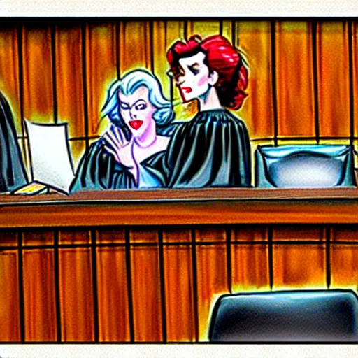 Image similar to [ prompt ridiculous courtroom scene drawn by marilyn church ]