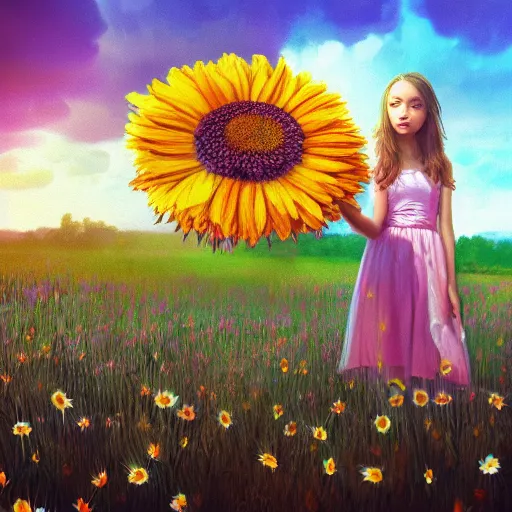 Image similar to giant daisy flower head, portrait of girl in flower field, holding daisy, surreal photography, sunrise, impressionist painting, colorful clouds, digital painting, artstation, simon stalenhag, flower face