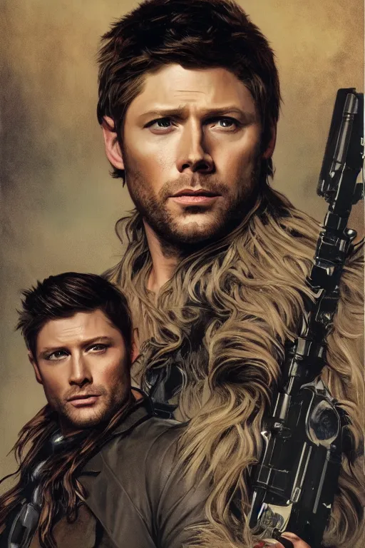 Image similar to a detailed matte portrait of jensen ackles dressed as has solo and misha collins as chewbacca, masterpiece, 8 k, art by alphonse mucha and greg rutkowski