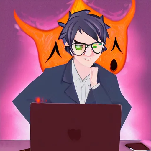 Prompt: a demon programmer gentleman ~ using a laptop ~ evil smile ~ lava background ~ digital art ~ two horns ~