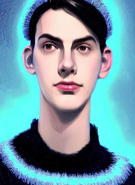 Image similar to portrait of teenage jughead jones wearing a light grey crown, crown, blue turtleneck, 1 9 5 0 s, closed eyes, photorealistic, black hair, glowing lighting, intricate, elegant, glowing lights, highly detailed, digital painting, artstation, concept art, smooth, sharp focus, illustration, art by wlop, mars ravelo and greg rutkowski