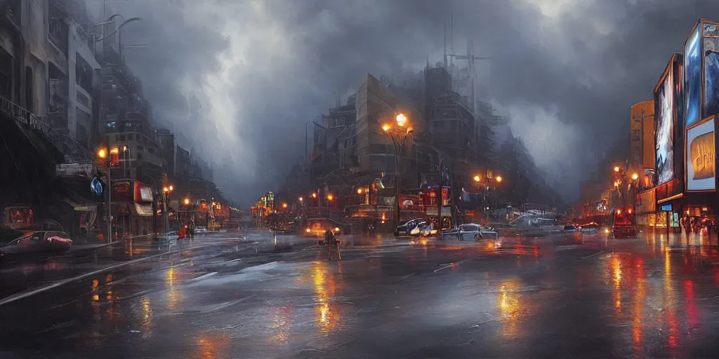 Prompt: hollywood boulevard hit by a biblical flood during a storm, dramatic lighting, beautiful, stunning landscape artwork by artgerm, rutkowski, wlop highly detailed, photorealistic