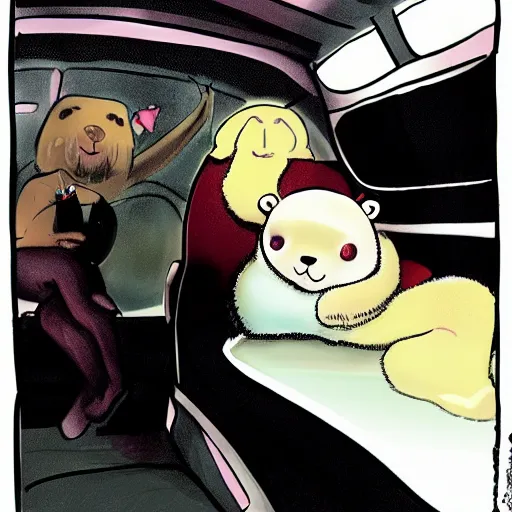 Image similar to portrait of a smug baby harp seal riding in the back of a limo, medium shot, highly coherent, saga comic, fiona staples