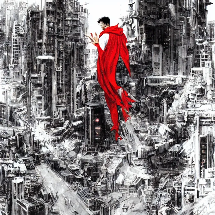 Image similar to tetsuo observing the ruins of neo - tokyo, red cape, akira | anime, matte painting, dystopian megacity neo - tokyo akira, shaded perfect, fine details. realistic shaded lighting anime manga artwork by katsuhiro otomo, akira, artgerm, jeremy lipkin and michael garmash and rob rey