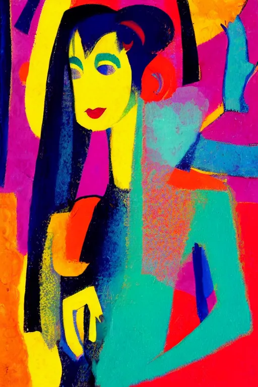 Prompt: girl in a dress, city morning, abstract, rich details, modern composition, coarse texture, visible strokes, colorful, photo, Kirchner, Gaughan, Caulfield, Aoshima, Earle