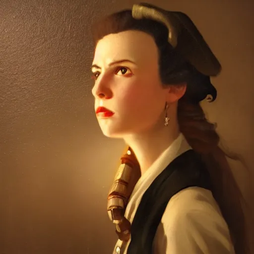 Image similar to intelligent female pirate captain 3 5 years old, 1 9 4 0 s haircut, fully clothed, wise, beautiful, 1 7 5 0 s oil painting, dramatic lighting, trending on artstation, sharp focus