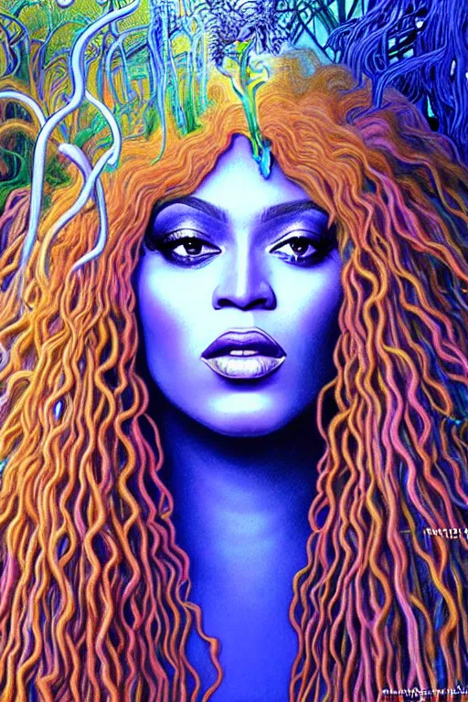 Prompt: realistic detailed face portrait painting of the beautiful beyonce with long hair with sci-fi headwear, futuristic sci-fi forest on background by Jean Delville, Amano, Yves Tanguy, Alphonse Mucha, Edward Robert Hughes, Roger Dean, rich moody colours, blue eyes