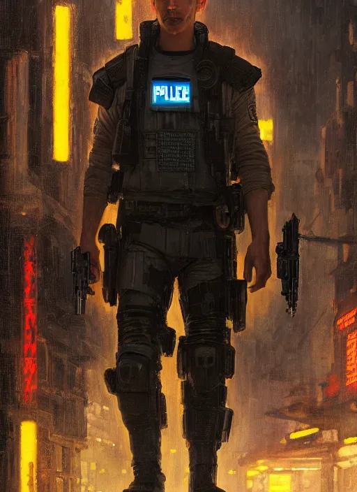 Image similar to 🧗. cyberpunk police trooper in a military vest ( blade runner 2 0 4 9, cyberpunk 2 0 7 7 ). orientalist portrait by john william waterhouse and james gurney and theodore ralli and nasreddine dinet, oil on canvas. cinematic, hyper realism, realistic proportions, dramatic lighting, high detail 4 k