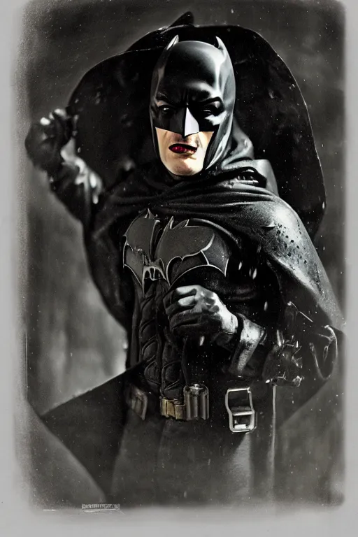 Prompt: a wet plate photograph of Dieselpunk Batman