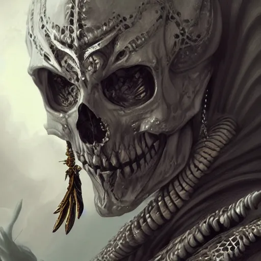 Image similar to portrait of a powerful lich, skeleton, fantasy, intricate, elegant, highly detailed, digital painting, artstation, concept art, matte, sharp focus, illustration, art by aenaluck and roberto ferri and greg rutkowski, epic fantasy, digital painting