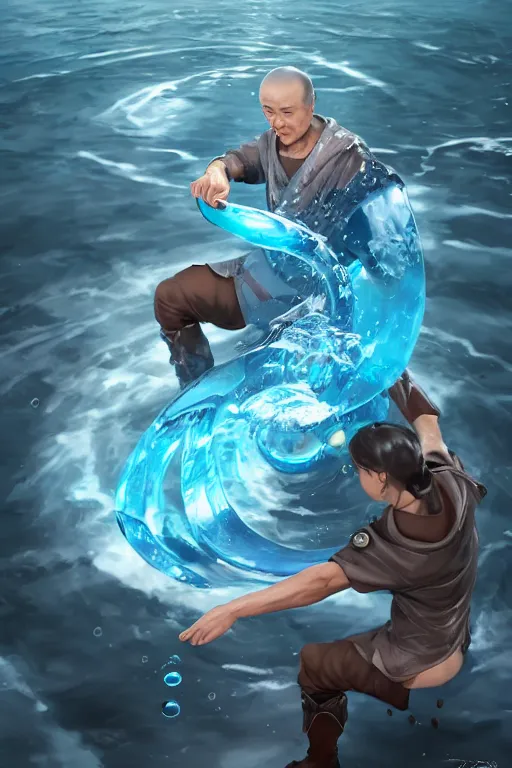 Prompt: a water bender making water swirl all around him , made by Stanley Artgerm Lau, WLOP, Rossdraws, ArtStation, CGSociety, concept art, cgsociety, octane render, trending on artstation, artstationHD, artstationHQ, unreal engine, 4k, 8k,