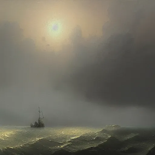 Image similar to a lonely ship drifting amongst the clouds , fog and heavy storm concept art in style of Ivan Aivazovsky