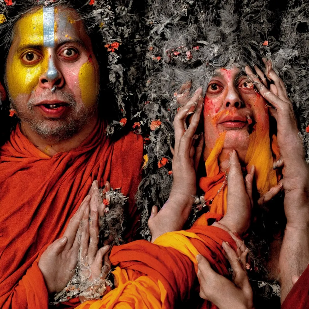 Image similar to award winning photo of a todd solondz as guru becoming god in india, sad and happy, crying and smiling franticly, vivid colors, happy, symmetrical face, beautiful eyes, studio lighting, wide shot art by sally mann & arnold newman