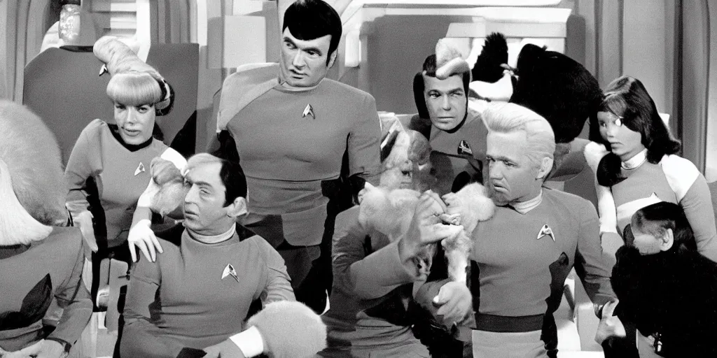 Image similar to a scene from Trouble with Tribbles, an episode of the original Star Trek series