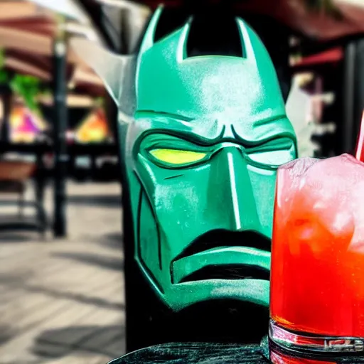 Image similar to a closeup photorealistic photograph of a glossy batman style tiki mug sitting at an outdoor trader vic's bar featuring batman face. tiki theme. icy colorful drink. bright scene. fine detail. this 4 k hd image is trending on artstation, featured on behance, well - rendered, extra crisp, features intricate detail, epic composition and the style of unreal engine.