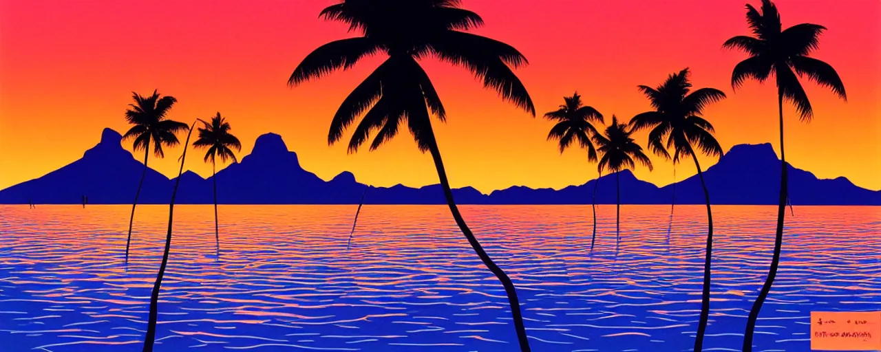 Image similar to serene bora bora landscape, golden hour, hiroshi nagai