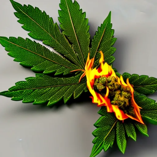 Image similar to weed leaf, marijuana leaf, on fire, burning, 3D render, 3D model, highly-detailed fire