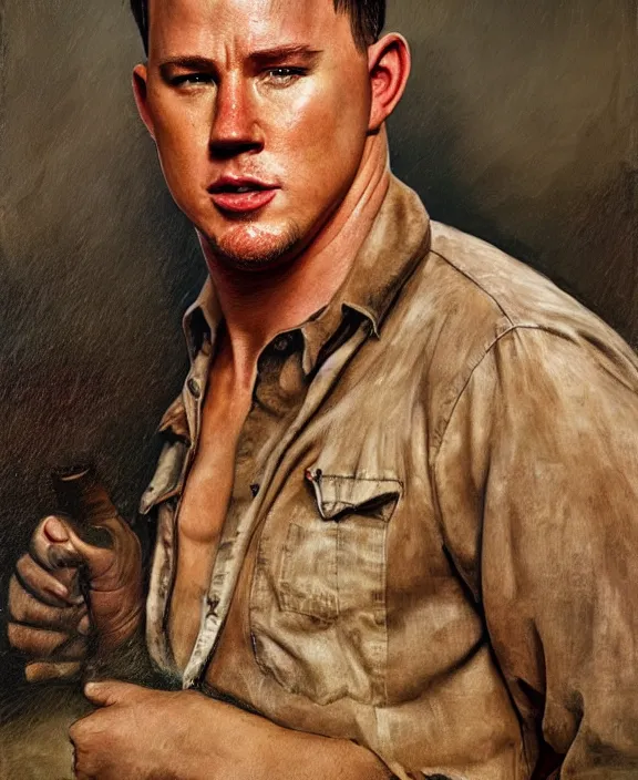 Image similar to portrait of channing tatum as an ohio farm boy, art by denys tsiperko and bogdan rezunenko and franz xaver kosler, hyperrealism