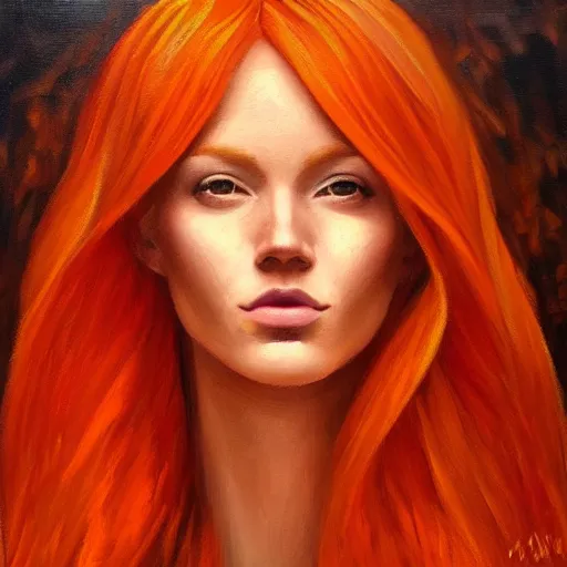 Prompt: a symmetrical portrait of a beautiful orange - haired woman, face and shoulders, oil painting, intricate, aesthetic!!!!!, god rays, dramatic, ultra detailed