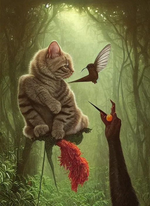 Image similar to a hyper realistic illustrated cat with playing with a hummingbird on its paw in the woods gorgeous lighting, lush forest foliage painting by chiara bautista and beksinski and norman rockwell and greg rutkowski weta studio, and lucasfilm