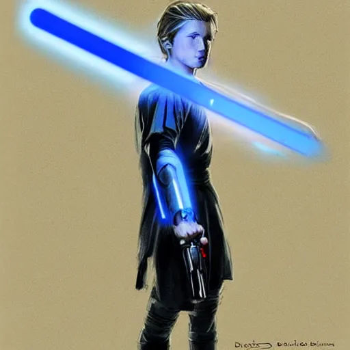 Image similar to Over-the-Shoulder Shot !dream full body Over-the-Shoulder Shot of a young blonde male jedi with short hair with his blue lightsaber is ignited illuminating him and the scene, concept art by Doug Chiang cinematic concept art, realistic painting, high definition, digital art, matte painting, symmetrical, very detailed, realistic, dramatic lighting, cinematic, establishing shot, extremely high detail, photo realistic, cinematic lighting, post processed, concept art, artstation, matte painting, red color scheme, the Mandalorian concept art style