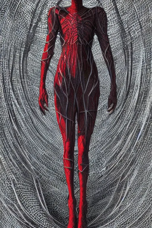 Prompt: full-body portrait of beautiful female grey elf (beautiful, dark grey skin, red eyes, white hair, symmetrical face) wearing a low-cut dress made of spider webs, dark fantasy, D&D, digital art, highly detailed, award winning, concept art, intricate, smooth, sharp focus, art by Greg Rutkowski, art by Ruth Asawa, art by Tim Burton, art by Ted Nasmith, art by H.R. Giger